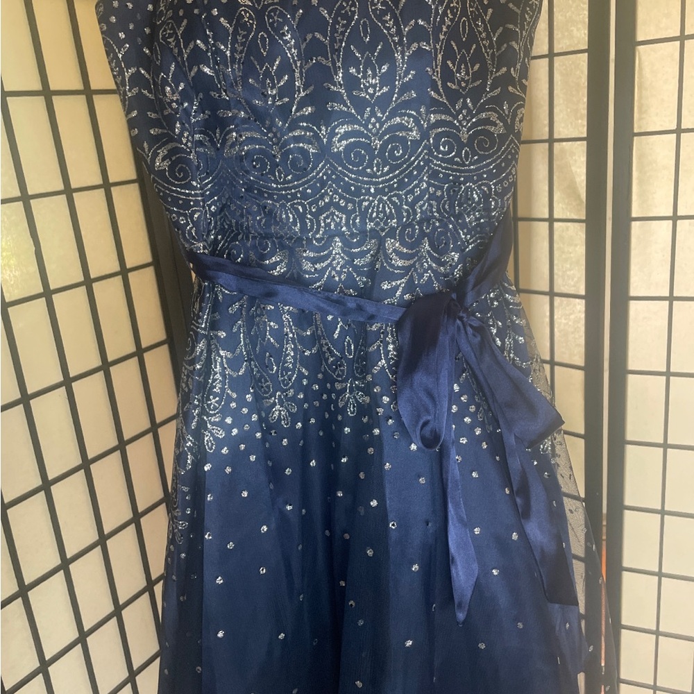 Masquerade Navy Dress with Silver Sparkle and Satin Bow Detail